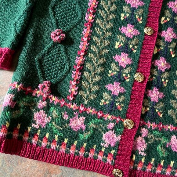 Vintage Woodstock International Forest Green Handknit Wool Floral Cardigan Sweat - Picture 2 of 8